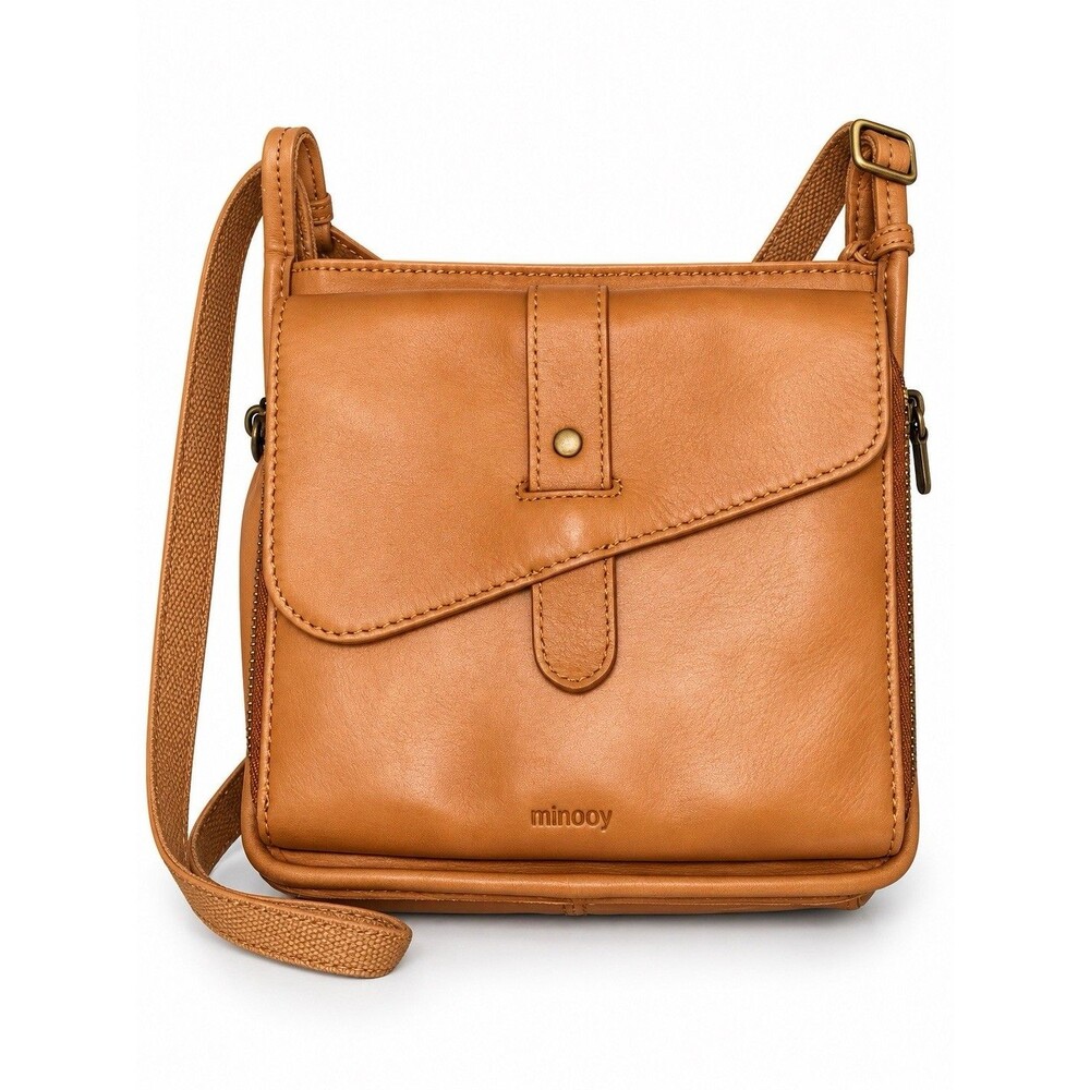 Minooy Athena Full Grain Leather Crossbody Bag Wallet Caramel Brown RFID 2.2L